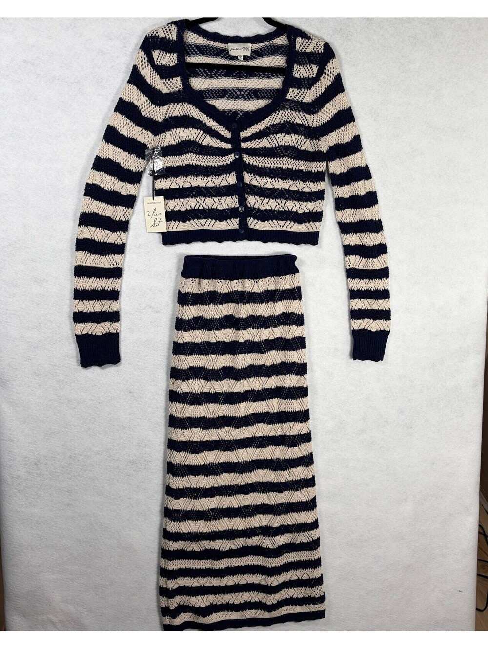 Freshman 1996 Two-Piece Knit Set - Navy and Cream Striped Cardigan and Skirt XL